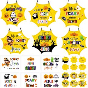 CroBlissful 24 Sets Halloween Crafts Kit for Kids Life is Scary Without Jesus Sign Craft DIY Halloween Ornaments Decorations Ghost Witch Bats Stickers for Kids Sunday School Fun Home Activities Decor
