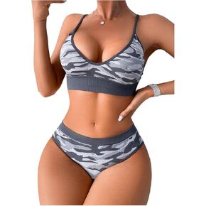 SOLY HUX Camo Lingerie Sets for Women Wireless Matching Bra and Panty Set 2 Piece Y2K Camo Outfits