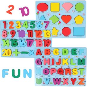 Alphabet and Number Puzzle Set Wooden Upper Case Letter Number and Shape Learning Puzzles Board Toy, Ideal of Educational Matching Game for 3 4 5 Years Old Toddlers Boys Girls Set of 3