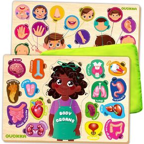 QUOKKA Wooden Puzzles for Kids Ages 18+ Months in a Bag – Montessori Toddlers Puzzles Ages 1-2 – Preschool Game to Learn Human Body Parts Anatomy Skeleton – Educational Toys for Boy & Girl