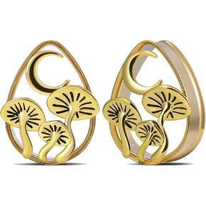 VERAMI 2Pcs 316L Tear Drop Ear Tunnels Piercing Stainless Steel Mushroom Ear Gauges Gold Earrings Plugs for Women Men