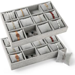 Polmart Stackable 12-Grid Jewelry Tray with Pillow, White Leatherette (2-Pack)