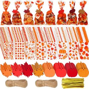 Remerry 600 Pcs Fall Cellophane Treat Bags Thanksgiving Candy Bags Fall Goodie Bags Maple Leaf Pumpkin Bags with Pumpkin Maple Leaf Tags Gold Twist Tie Twine Autumn Party Supplies