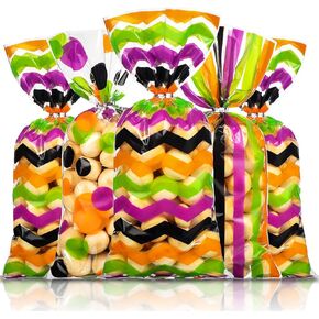 105 Pcs Cellophane Treat Bags, Halloween Themed Trick Polka Dot Stripes Goodie Candy Party Favor Gift Bags with 100 Twist Ties Halloween Decorations for Birthday Party Baby Shower Holiday Fall