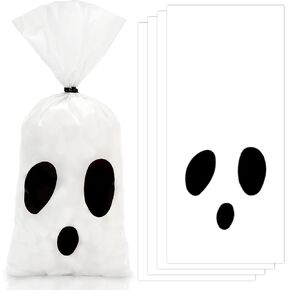 100Pcs Halloween Cellophane Treat Bags with Twist Ties Ghost Face Party Gift Bags Plastic Candy Goodie Bags for Snacks Cookies Packing Supplies