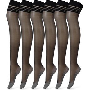 Chuarry 6 Pairs Women's Thigh High Sheer Stocking Anti Slip Cotton Sole Thigh High Nylons Hosiery Stockings for Women