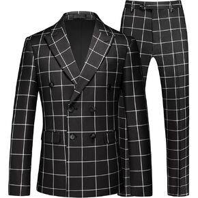 Men's Plaid Tuxedo Suit - Double Breasted 2-Piece Checkered Set with Suit Jacket and Pants for Prom and Wedding