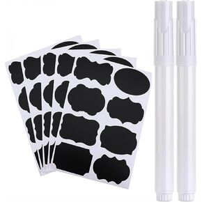 160PCS Black Self Adhesive Chalkboard Stickers Waterproof Spice Label Removable Stickers with 2 White Liquid Chalk Suitable for Food Containers Wedding Decoration Scrapbooking