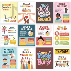 Decorably 12 Anti Bullying Posters for Classroom - 11x14in Anti Bullying Poster, Anti Bullying at School Posters, Anti Bullying Bulletin Board Decorations, No Bullying Posters Kids