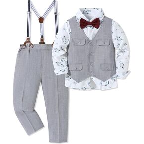 WESIDOM Boy Clothes Suit Formal Dress Shirt+Vest+Bowtie+Suspender Pants Kids Tuxdeo Gentleman Wedding Party Outfits Set