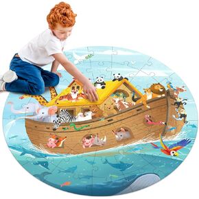 Wooden Noah's Ark Puzzle for Kids Ages 4-8, Large 48 Piece Round Floor Puzzles for Kids Ages 3-5, Christian Bible Religious Wooden Jigsaw Puzzle for 3 4 5 6 7 8 Year Old