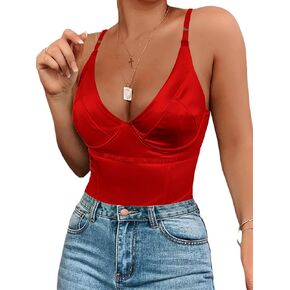 Womens Satin Corset Bodysuit Sexy Sparkly Deep V Neck Neon Party Club Going Out Tops with Underwire