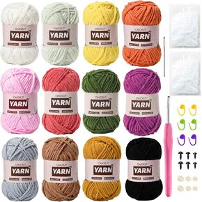12 Pack Chenille Velvet Yarn - Baby Yarn for Crocheting Soft - Amigurumi Yarn Set with 600g(787yd) Crochet Yarn Crochet Hook、Stitch Markers、Fluffy Stuffing、Accessories A