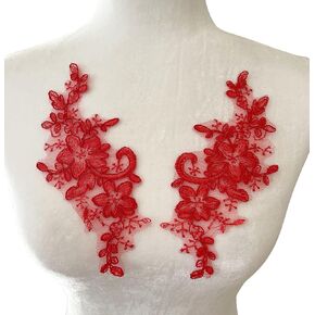 PEPPERLONELY 1 Pair Lace Flower Sew on Embroidered Lace Applique Wedding Dress Bride's Headdress Adornment DIY Patch Clothing Accessories, 8 x 3.75 Inches, Burgundy