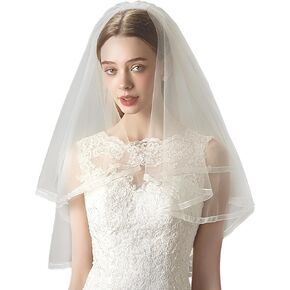 Ribbon Edge Wedding Veil White Tulle Bachelorette Party Veil 2 Tier Elegant Bride To Be Veil with Comb Bridal Hair Accessories for Women