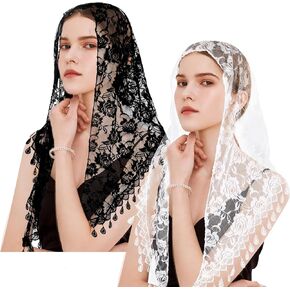 2 Pcs Mass Veil Triangle Mantilla Cathedral Head Covering, Chapel Veil Lace Shawl, Latin Church Veil Chapel Scarf Latin Mass Head Covering, Head Covering Veils for Bridal (Rose)