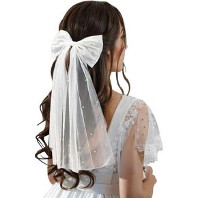 White Bowknot Wedding Bridal Veil Tulle Pearls Bridal Short Veils Bachelorette Party Hair Accessories for Women Girls