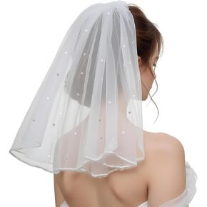 Short Bridal Veil, Women's Short Vails with Rhinestone White Short Wedding Veil with Comb Elegant Tulle Layer Veil for Bride Wedding Bachelorette Party Costume