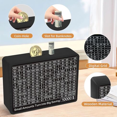 Wooden Money Saving Box,Piggy Bank for Adults Kids,Cash Savings Challenge Box,Money Saving Box with 10000 Dollars Target,No Install Required,Convenient and Practical (Black) in Saudi Arabia
