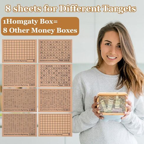 Piggy Bank for Adults Kids,Wooden Coin Bank for Boys and Girls,Reusable Cash Vault Wooden Saving Box Adults Money Box with 500 1000 2000 3000 5000 10000 Saving Goals in Saudi Arabia