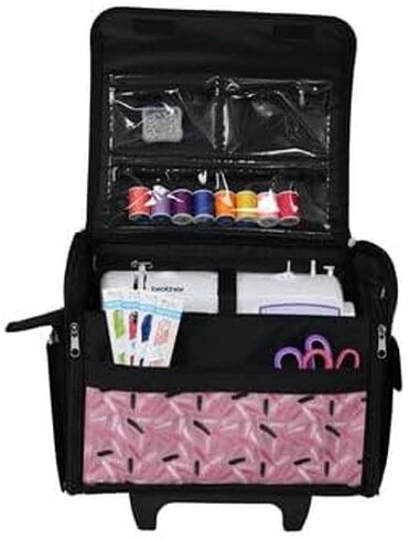 Everything Mary Collapsible Rolling Sewing Machine Tote - Premium Polyester Construction - Universal Fit - Portable with Dual Wheels and Telescoping Handle - Pink Abstract in Saudi Arabia