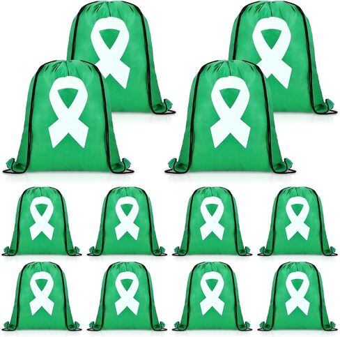 12 قطعة من أكياس رباط للتوعية بالصحة العقلية من Paterr، حقيبة ظهر برباط لجمع التبرعات بشريط أخضر كبير، حقائب تخزين للتبرع، هدايا شهر للتوعية بالصحة العقلية من أجل الأمل والشجاعة وقوة جمع التبرعات in Kuwait