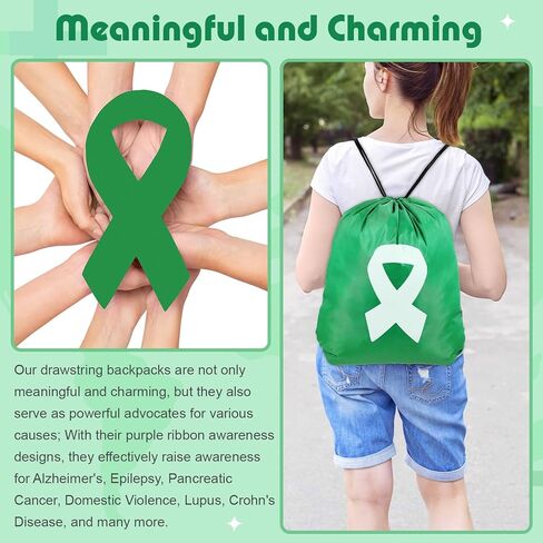 12 قطعة من أكياس رباط للتوعية بالصحة العقلية من Paterr، حقيبة ظهر برباط لجمع التبرعات بشريط أخضر كبير، حقائب تخزين للتبرع، هدايا شهر للتوعية بالصحة العقلية من أجل الأمل والشجاعة وقوة جمع التبرعات in Kuwait