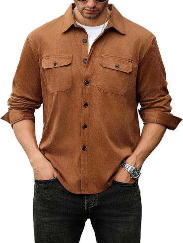 ZAFUL Men's Faux Suede Button Down Shirts Jacket Lightweight Shirt Jacket Long Sleeve Work Coat Solid Color Overshirt in Saudi Arabia