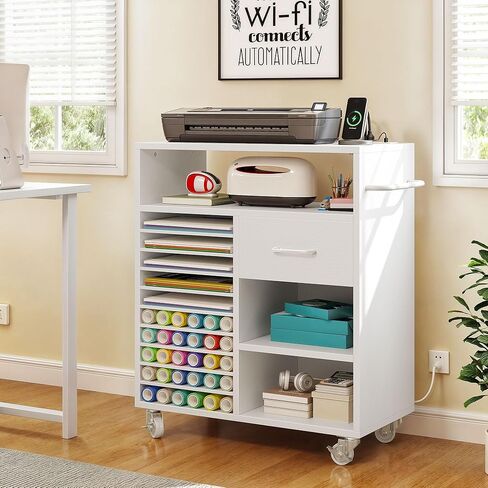 DWVO Craft Organizers and Storage Cart Compatible with Cricut Machine, Craft Rolling Storage with Charging Station & Vinyl Roll Holder, Crafting Table Workstation for Home Office in Saudi Arabia