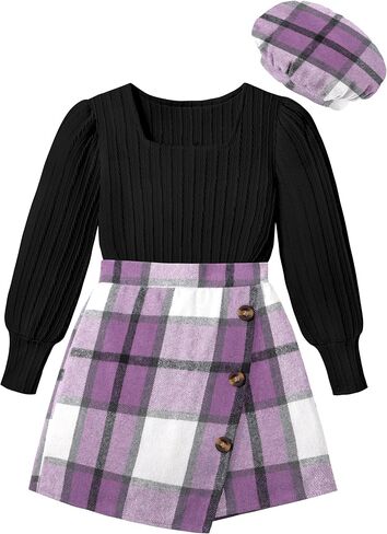 Girl Skirt Sets 3 Piece Outfits Square Neck Jacquard Puff Sleeve Tops Plaid Mini Skirt Shorts Fall Winter Clothes in Kuwait