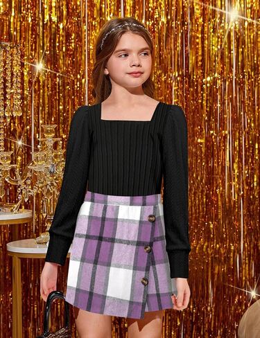 Girl Skirt Sets 3 Piece Outfits Square Neck Jacquard Puff Sleeve Tops Plaid Mini Skirt Shorts Fall Winter Clothes in Kuwait