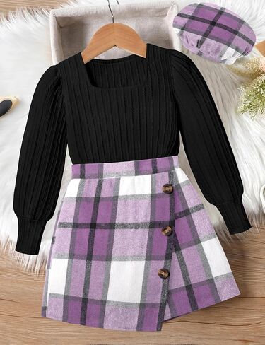Girl Skirt Sets 3 Piece Outfits Square Neck Jacquard Puff Sleeve Tops Plaid Mini Skirt Shorts Fall Winter Clothes in Kuwait