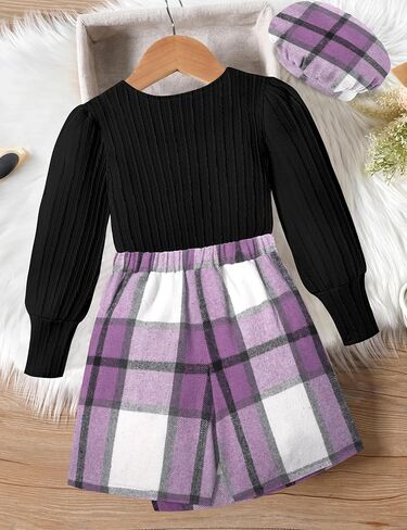 Girl Skirt Sets 3 Piece Outfits Square Neck Jacquard Puff Sleeve Tops Plaid Mini Skirt Shorts Fall Winter Clothes in Kuwait