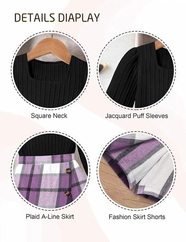 Girl Skirt Sets 3 Piece Outfits Square Neck Jacquard Puff Sleeve Tops Plaid Mini Skirt Shorts Fall Winter Clothes in Kuwait