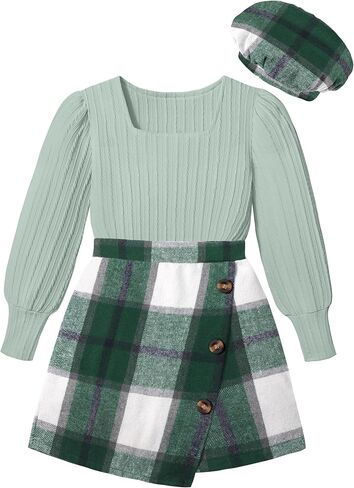 Girl Skirt Sets 3 Piece Outfits Square Neck Jacquard Puff Sleeve Tops Plaid Mini Skirt Shorts Fall Winter Clothes in Kuwait