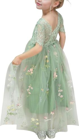 Flower Girl Lace Back V-Neck Dress Full-Length Floral Embroidered Toddler Tutu Tulle Dresses for Girls in Saudi Arabia