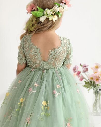 Flower Girl Lace Back V-Neck Dress Full-Length Floral Embroidered Toddler Tutu Tulle Dresses for Girls in Saudi Arabia