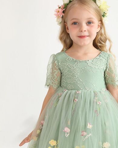 Flower Girl Lace Back V-Neck Dress Full-Length Floral Embroidered Toddler Tutu Tulle Dresses for Girls in Saudi Arabia