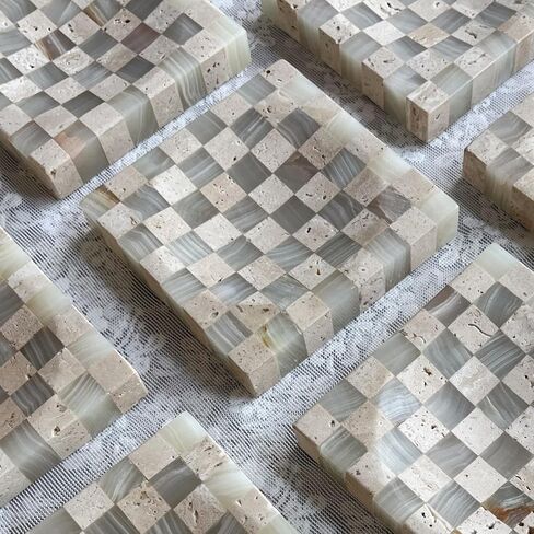 Marble Stone Green Onyx with Travertine Checkerboard Square Small Splicing Mosaic Tray Jewelry Dish (Green and Beige) in Saudi Arabia
