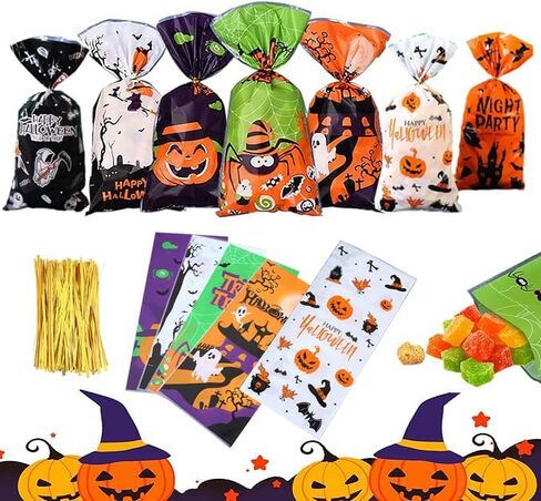 YNGRUE Halloween Cellphane Candy Bags, 100 Pcs Halloween Plastic Clear Treat Bags, Clear Plastic Trick or Treat Bags for Candy Cookie Goodies with Twist Ties for Halloween Party Supplies (7 colors) in Saudi Arabia