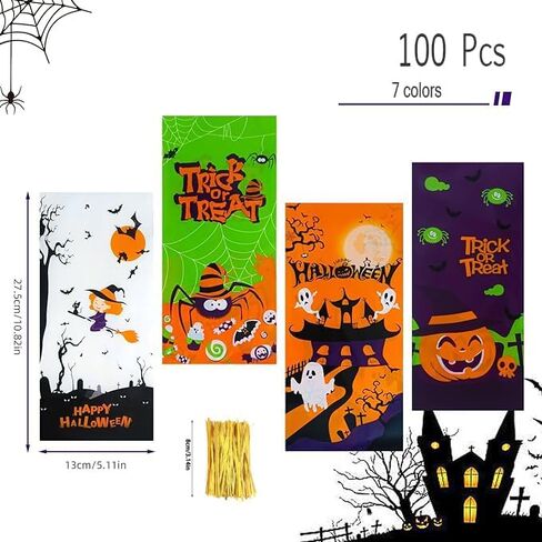 YNGRUE Halloween Cellphane Candy Bags, 100 Pcs Halloween Plastic Clear Treat Bags, Clear Plastic Trick or Treat Bags for Candy Cookie Goodies with Twist Ties for Halloween Party Supplies (7 colors) in Saudi Arabia