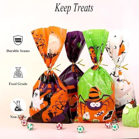YNGRUE Halloween Cellphane Candy Bags, 100 Pcs Halloween Plastic Clear Treat Bags, Clear Plastic Trick or Treat Bags for Candy Cookie Goodies with Twist Ties for Halloween Party Supplies (7 colors) in Saudi Arabia