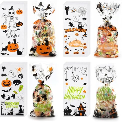 SHTALHST Halloween Treat Bags, 200 pcs (4.9" x 10.8") Halloween Cellophane Treat Bags, Halloween Bags for Candy with Fun Friendly Designs, Halloween Party Decorations, Spooky Treat Bags in Saudi Arabia
