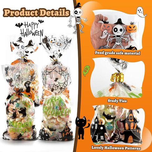SHTALHST Halloween Treat Bags, 200 pcs (4.9" x 10.8") Halloween Cellophane Treat Bags, Halloween Bags for Candy with Fun Friendly Designs, Halloween Party Decorations, Spooky Treat Bags in Saudi Arabia