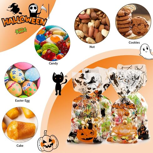 SHTALHST Halloween Treat Bags, 200 pcs (4.9" x 10.8") Halloween Cellophane Treat Bags, Halloween Bags for Candy with Fun Friendly Designs, Halloween Party Decorations, Spooky Treat Bags in Saudi Arabia