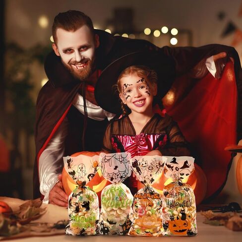 SHTALHST Halloween Treat Bags, 200 pcs (4.9" x 10.8") Halloween Cellophane Treat Bags, Halloween Bags for Candy with Fun Friendly Designs, Halloween Party Decorations, Spooky Treat Bags in Saudi Arabia