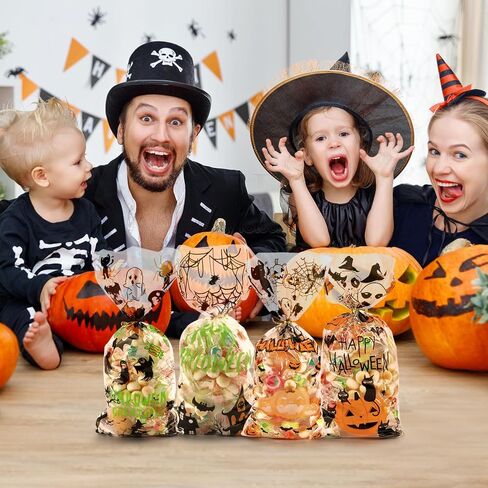 SHTALHST Halloween Treat Bags, 200 pcs (4.9" x 10.8") Halloween Cellophane Treat Bags, Halloween Bags for Candy with Fun Friendly Designs, Halloween Party Decorations, Spooky Treat Bags in Saudi Arabia