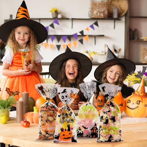 SHTALHST Halloween Treat Bags, 200 pcs (4.9" x 10.8") Halloween Cellophane Treat Bags, Halloween Bags for Candy with Fun Friendly Designs, Halloween Party Decorations, Spooky Treat Bags in Saudi Arabia