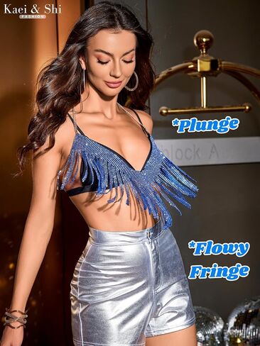 Kaei&Shi Rhinestone Fringe Top,Body Chain Glitter Metallic Outfit,Sexy Disco Tops for Women Dance Costume Festival Party Concert Club Royal Blue One Size Fits All in Saudi Arabia