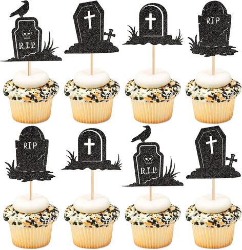 Ercadio 24PCS Halloween Tombstone Cupcake Toppers Glitter Black RIP Cemetery Graves Crow Cross Cupcake Picks for Halloween Theme Birthday Party Cake Decorations Supplies in Kuwait